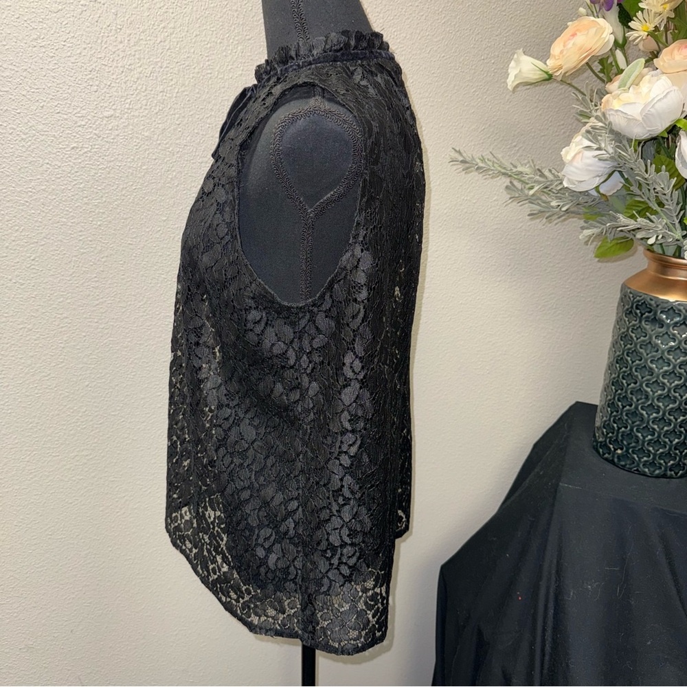 Worthington Black Lace Sleeveless Blouse Ruffle Neck Sheer Floral L - Picture 2 of 7